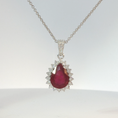 Load image into Gallery viewer, Pear-Shaped Pigeon Blood Ruby Halo Pendant in White Gold