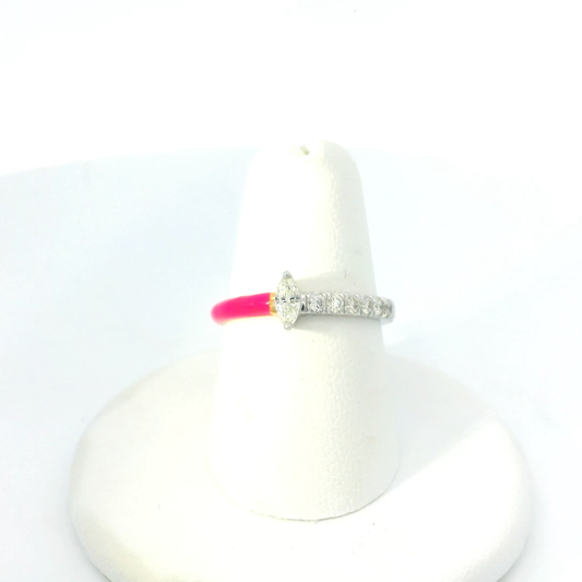 Pink Enamel & Diamond Ring With Marquise Center Stone