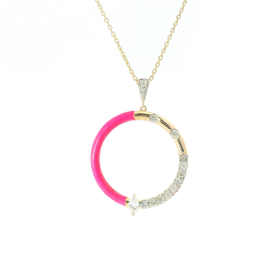 Vibrant Pink Enamel & Diamond Set Gold Pendant