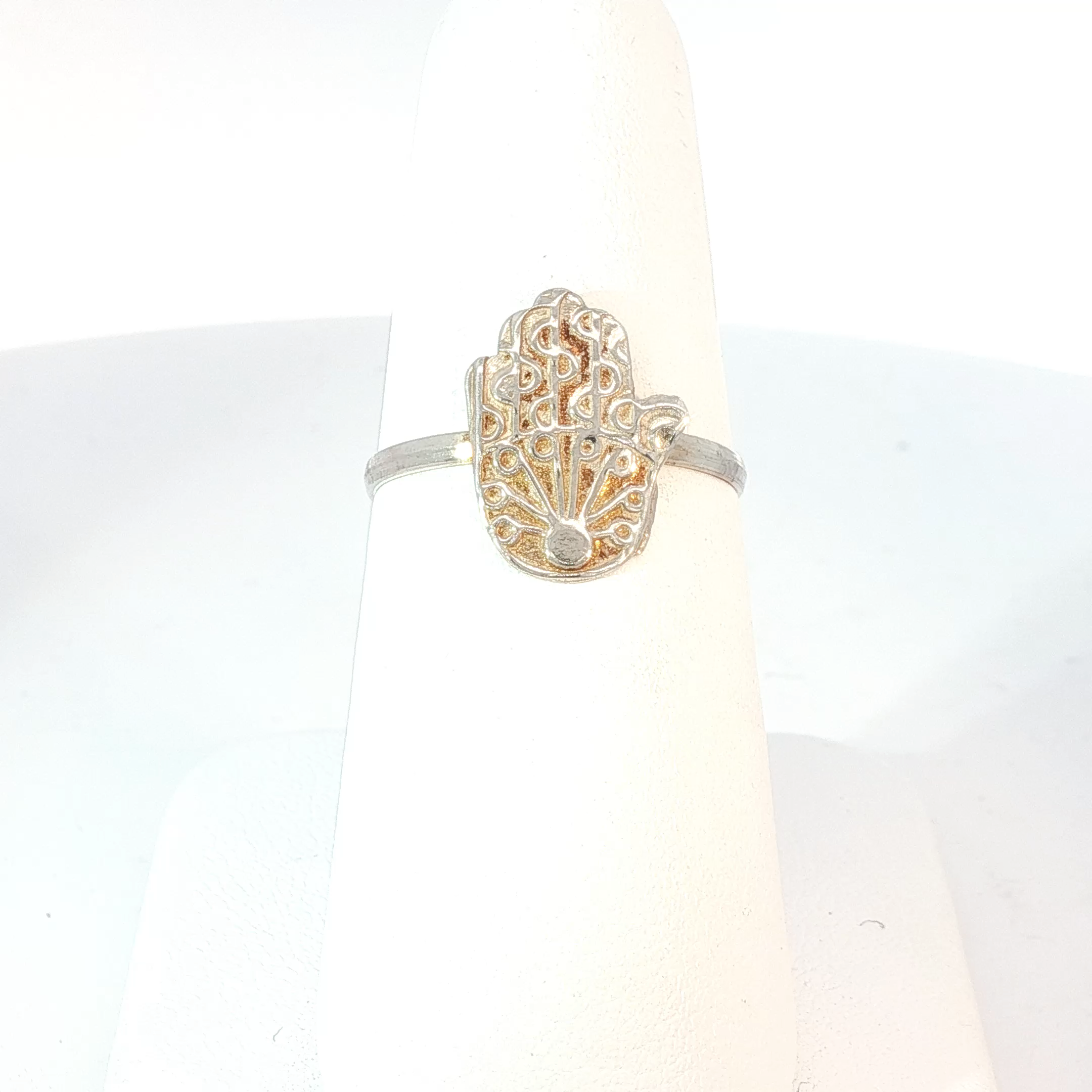Sterling Silver Hamsa Hand Ring with Yellow Gold Accents