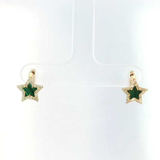 Yellow Gold Hoop Earrings with Star Shaped Malachite