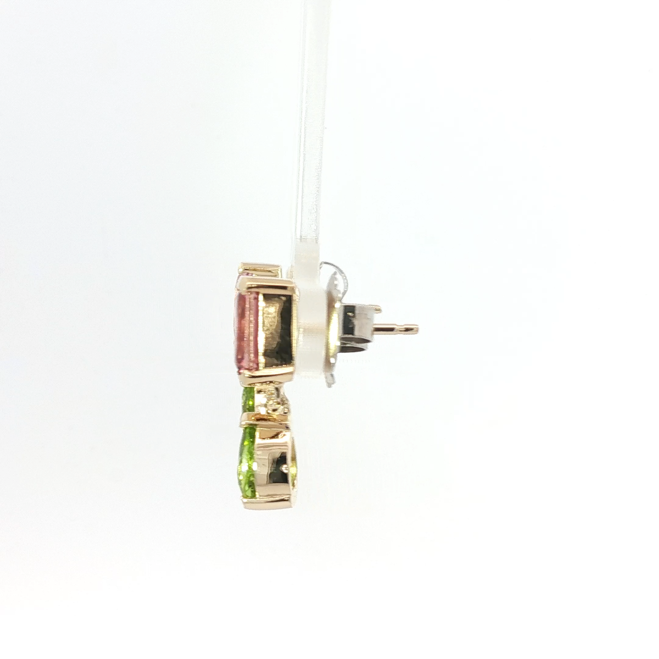 Yellow Gold Drop Earrings with Pear-Shaped Peridot & Rectangle Pink tourmalines