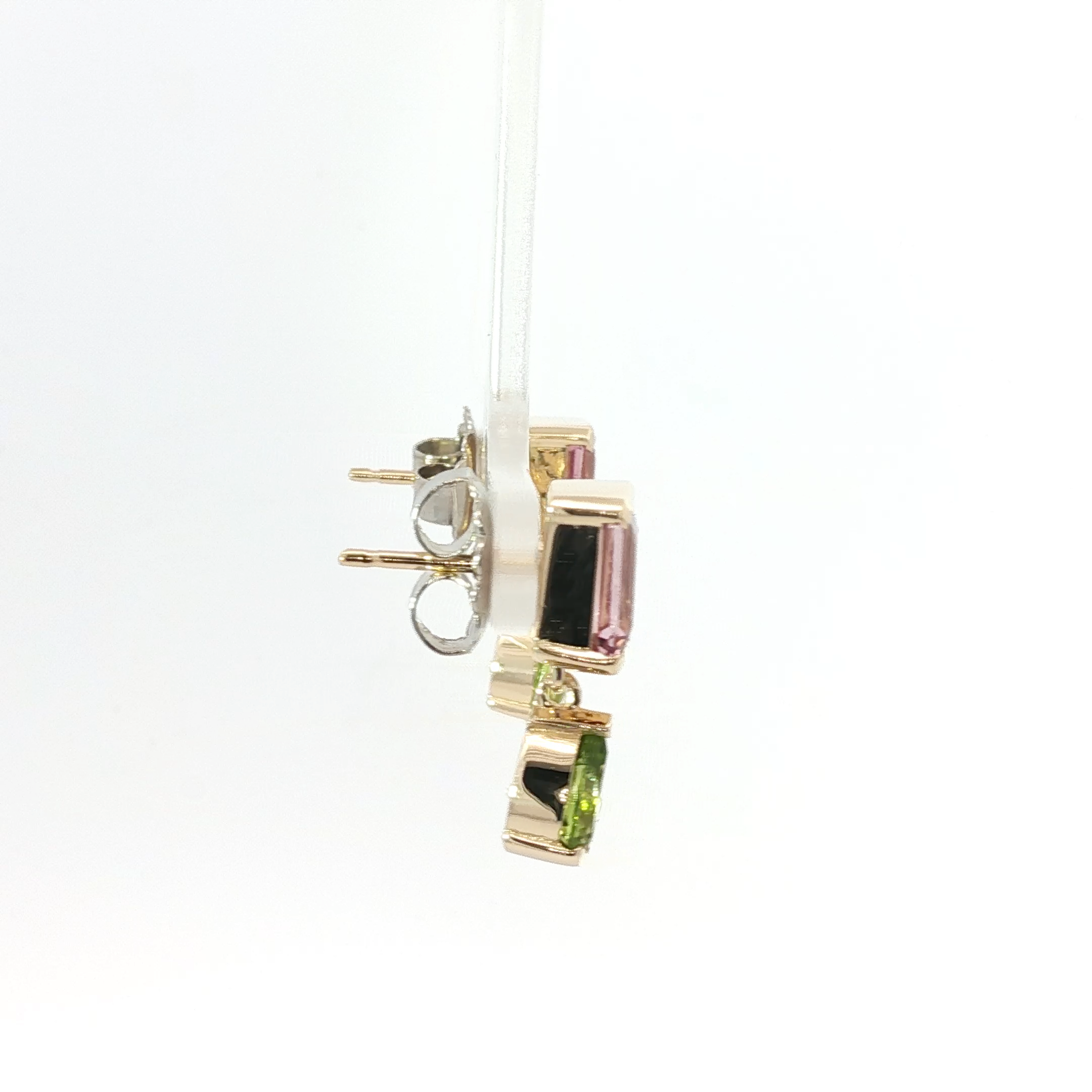 Yellow Gold Drop Earrings with Pear-Shaped Peridot & Rectangle Pink tourmalines