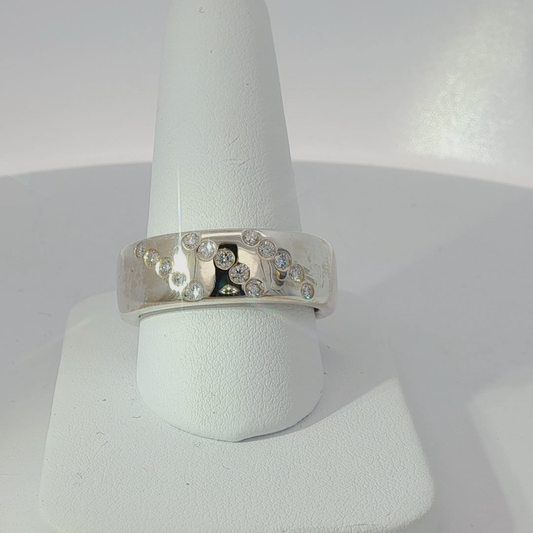 Diamond-Accented White Gold Finish Silver Band Ring