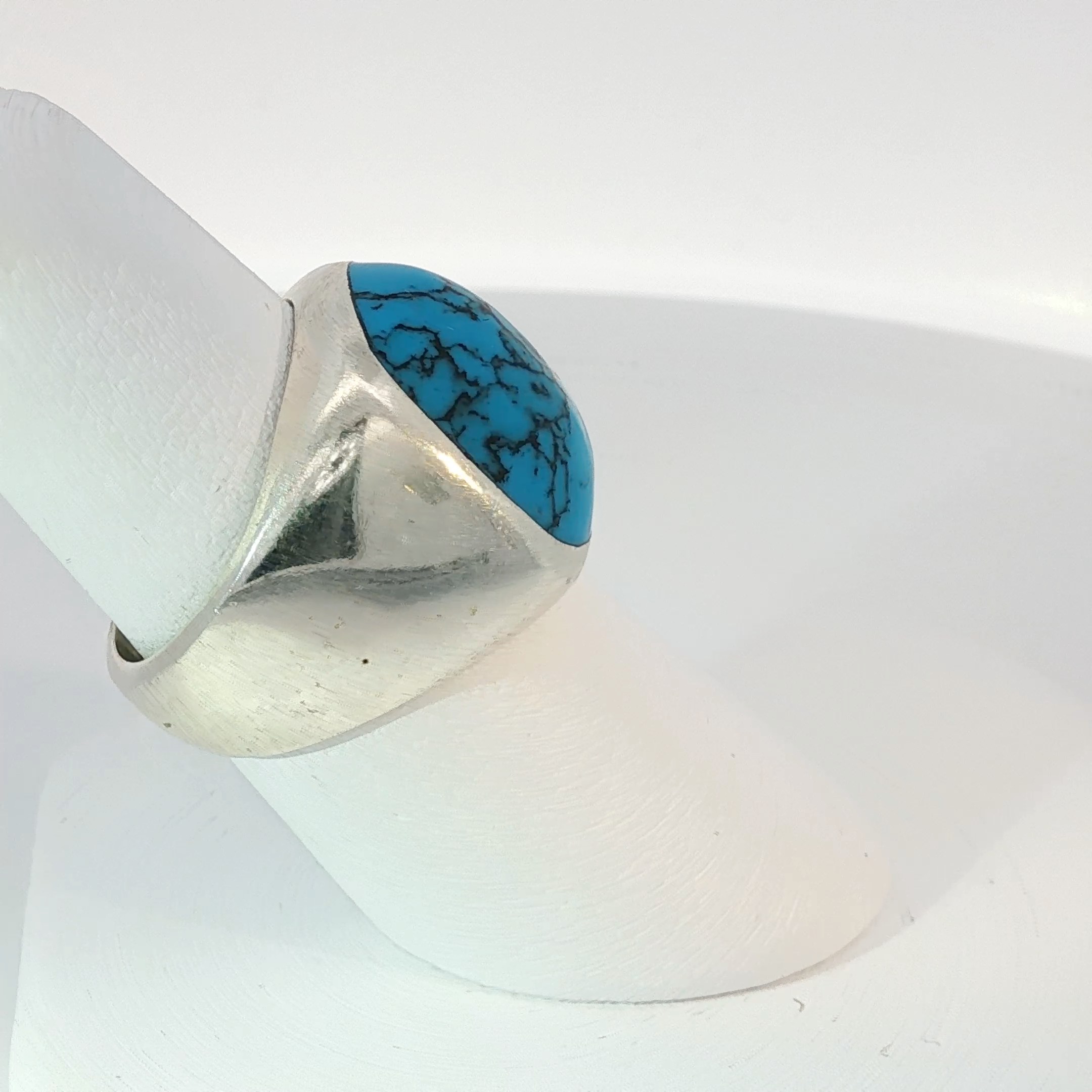 Silver Signet Ring with Bluish Green Turquoise Cabochon