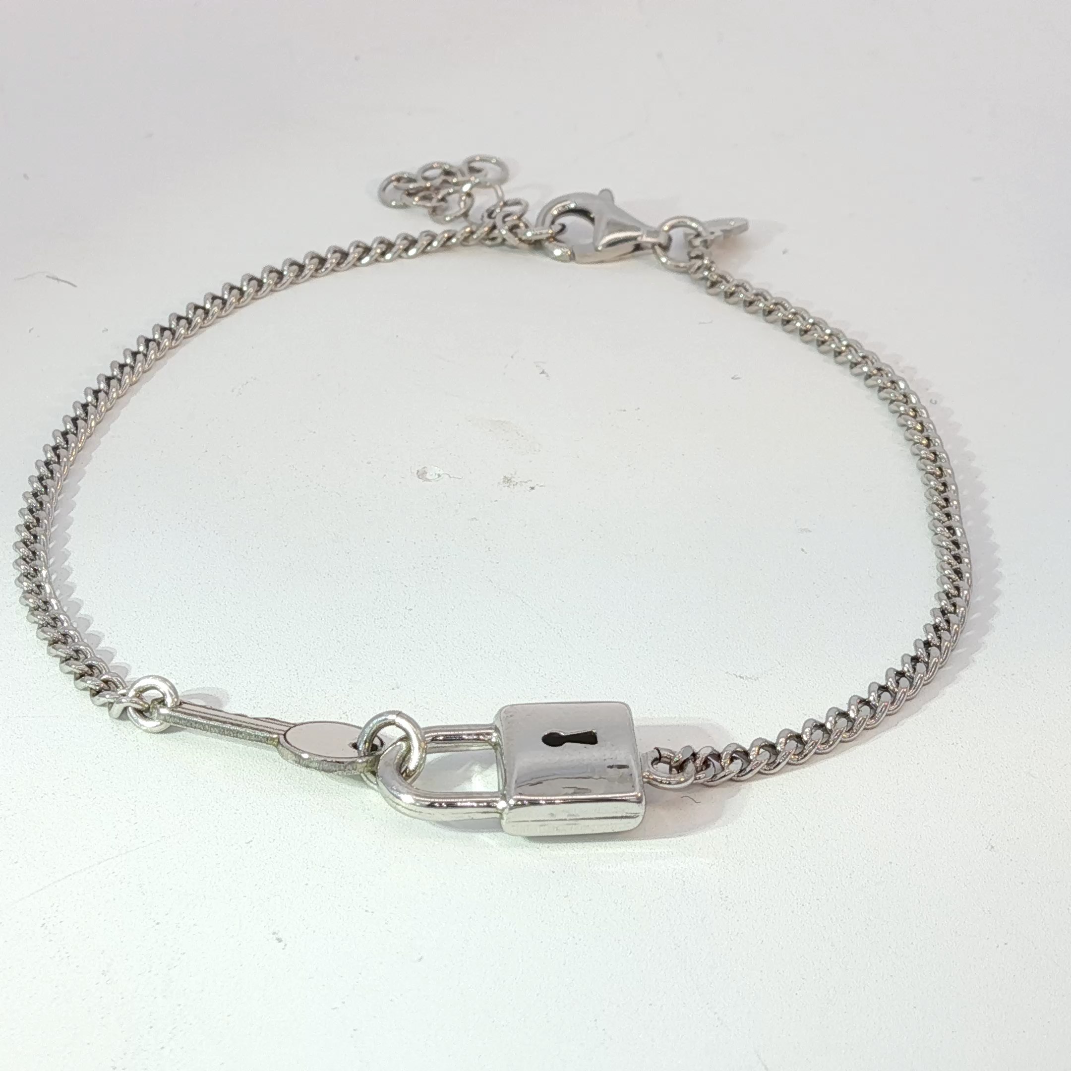Sterling Silver Chain Bracelet with Padlock and Key Pendant