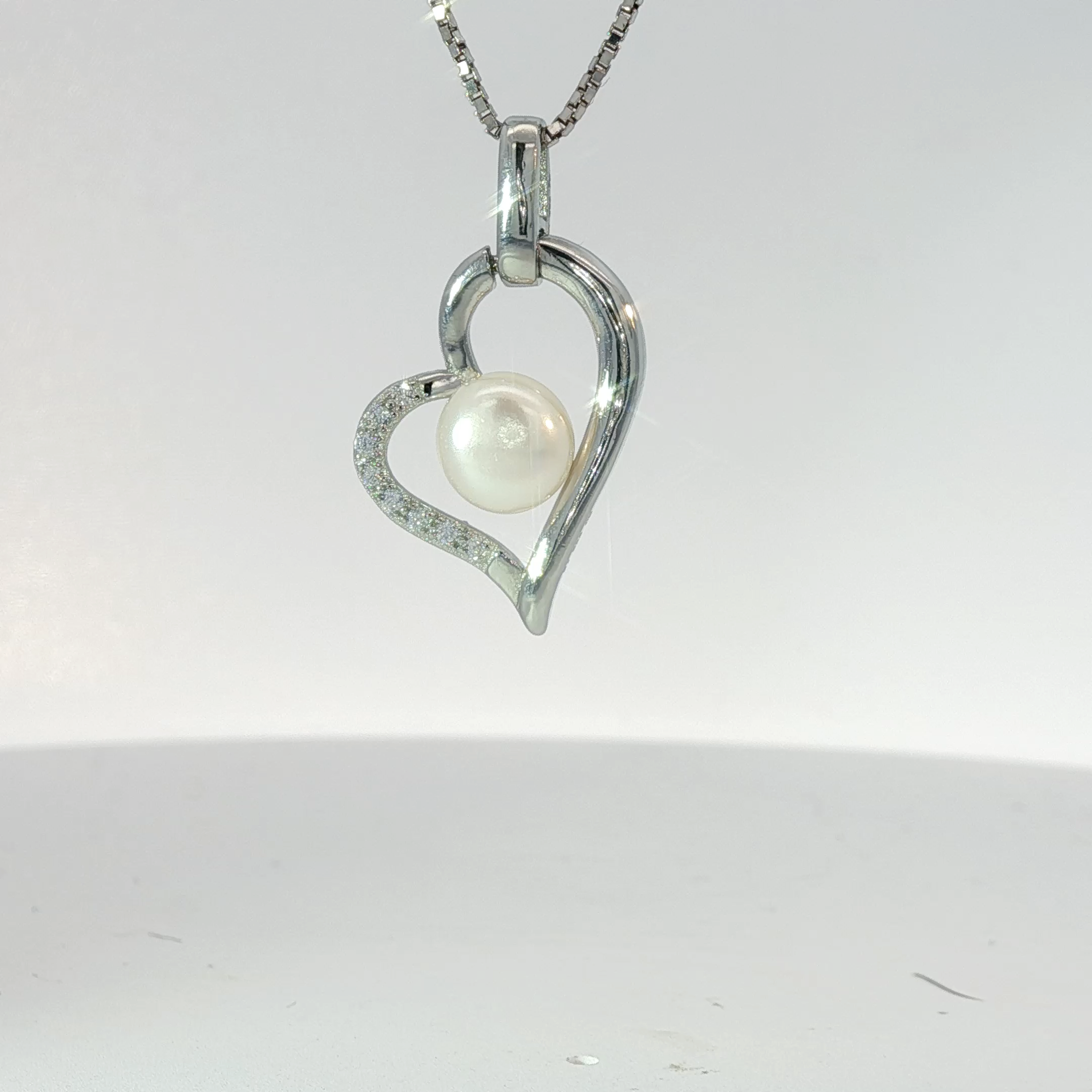 Silver Pearl Heart Pendant Necklace