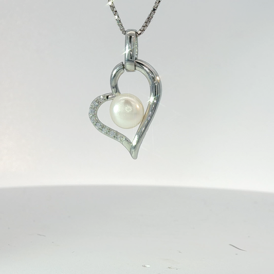 Silver Pearl Heart Pendant Necklace