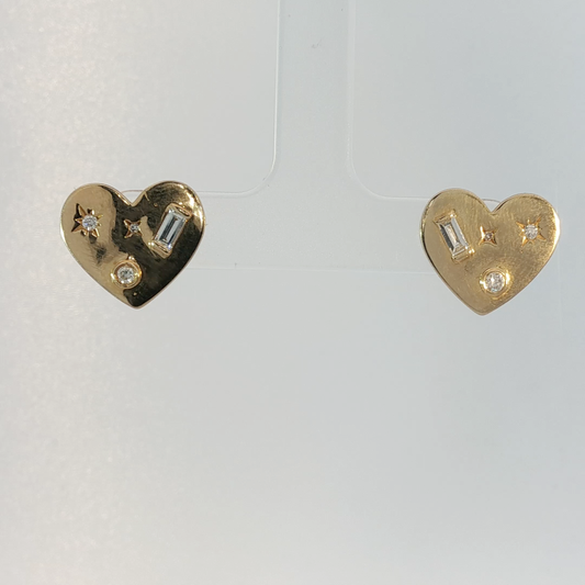 Yellow Gold Heart Stud Earrings with Round Brilliant Diamond