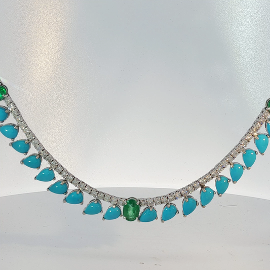 Diamond and Turquoise Charm Necklace in White Gold
