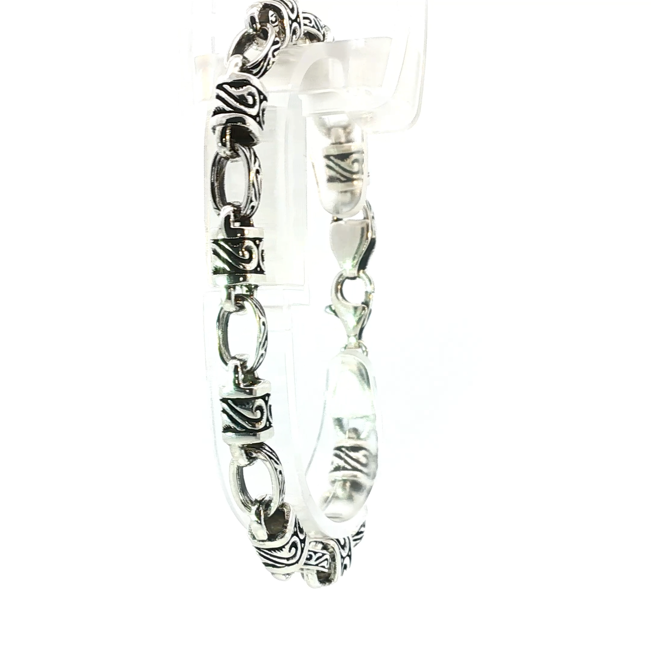 Elegant Silver Chain Link Bracelet with Decorated Barrel Beads