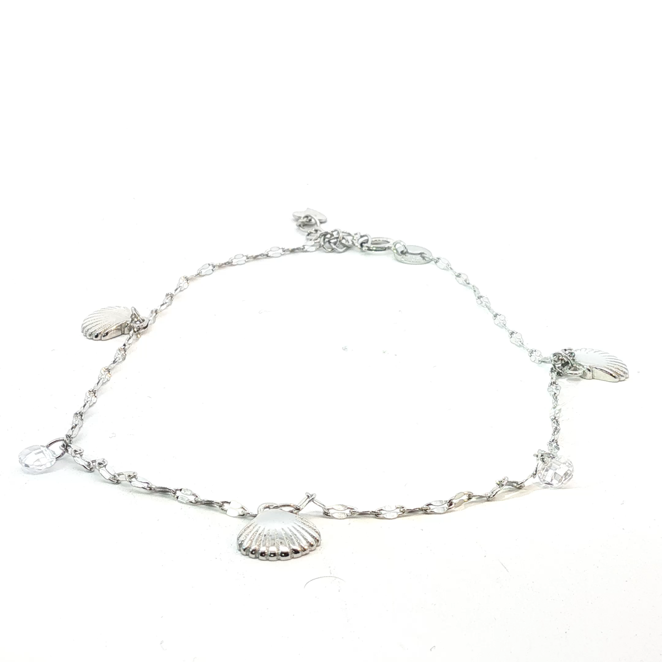 Silver Charm Anklet with Crystal and Seashell Accents