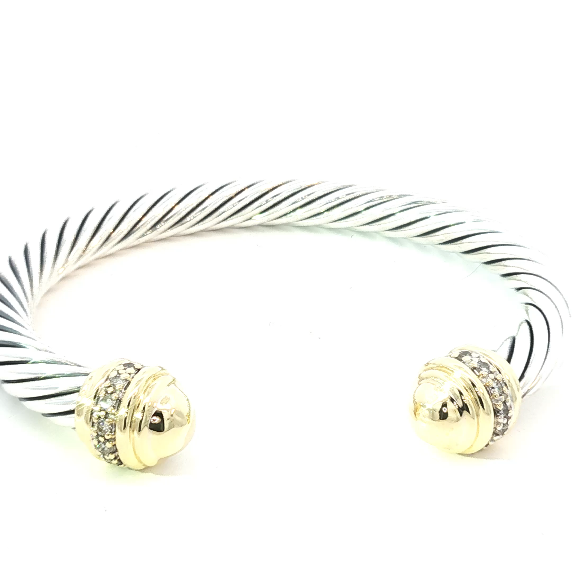 David Yurman Twisted Silver Bangle with 18K Gold & diamond Accents Caps