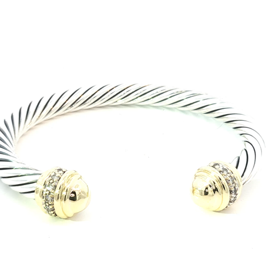 David Yurman Twisted Silver Bangle with 18K Gold & diamond Accents Caps