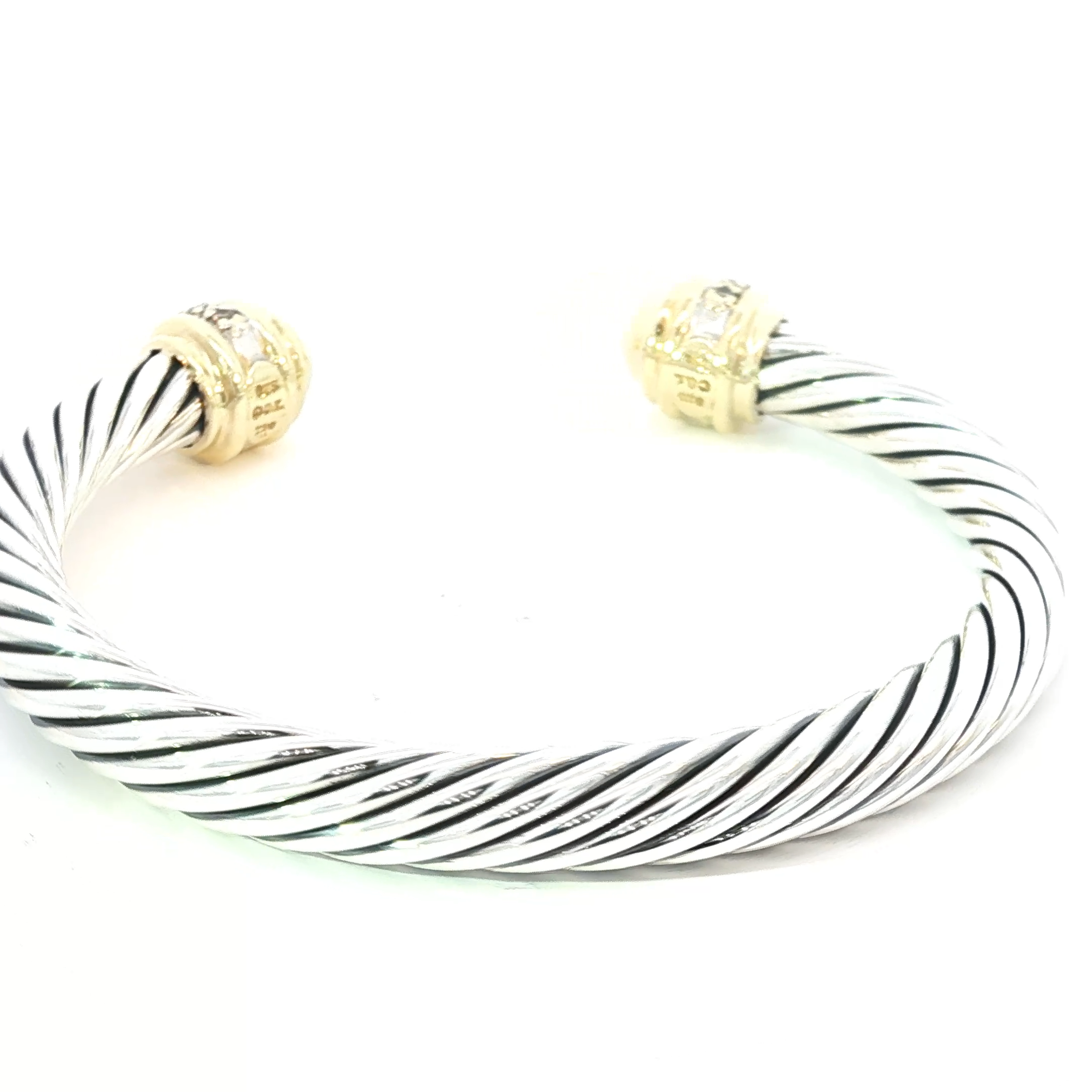 David Yurman Twisted Silver Bangle with 18K Gold & diamond Accents Caps