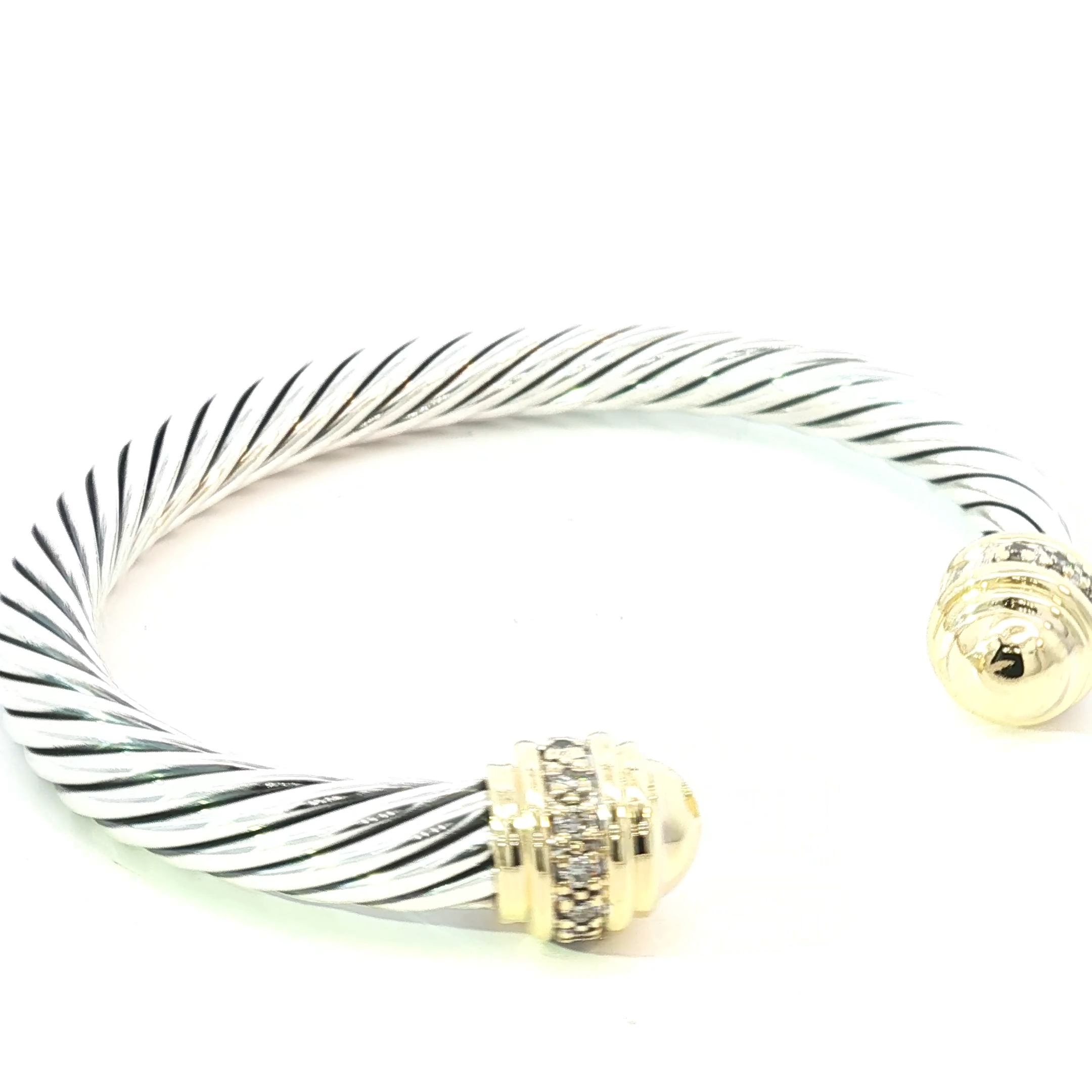 David Yurman Twisted Silver Bangle with 18K Gold & diamond Accents Caps