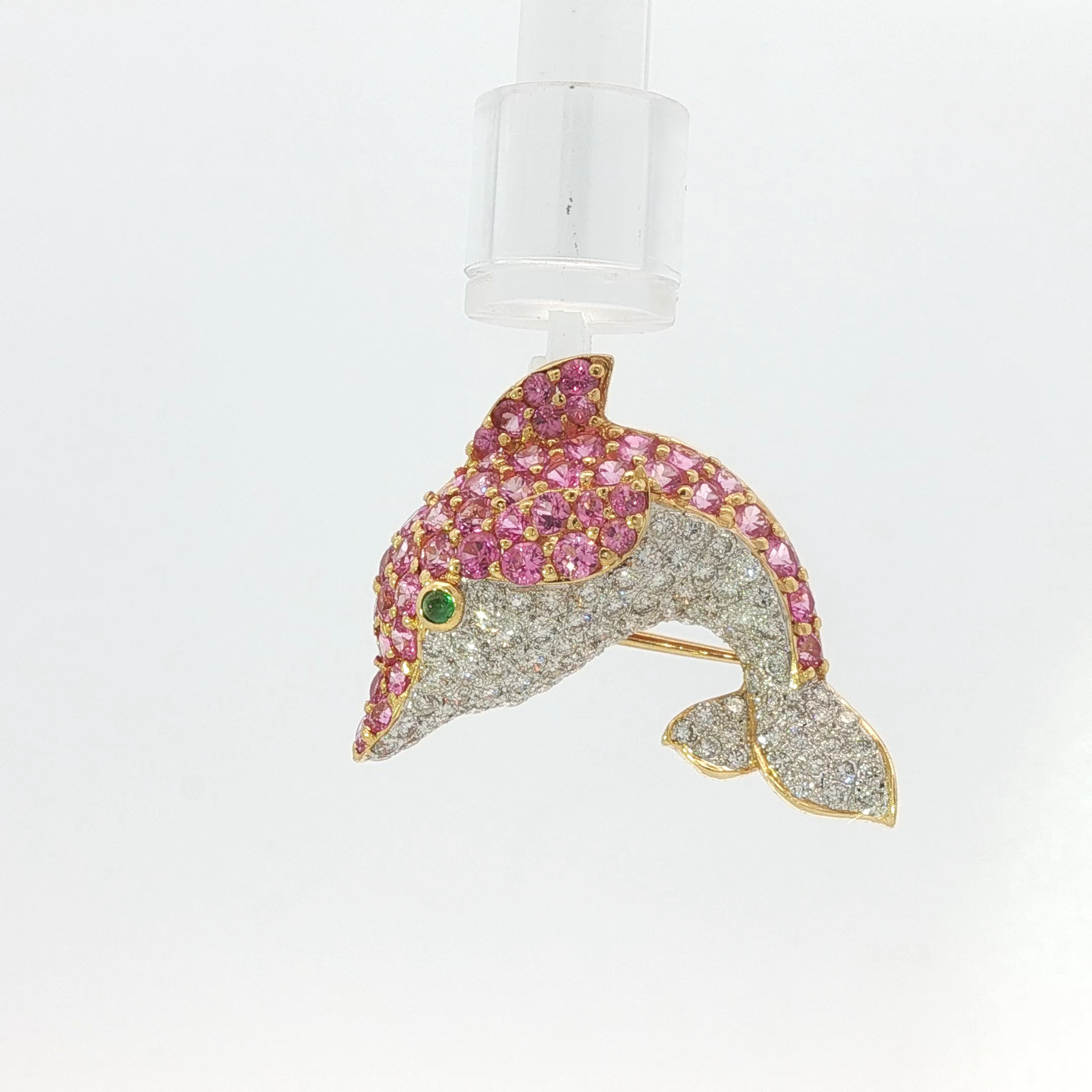 Dolphin Brooch with Round Cabochon Emerald
