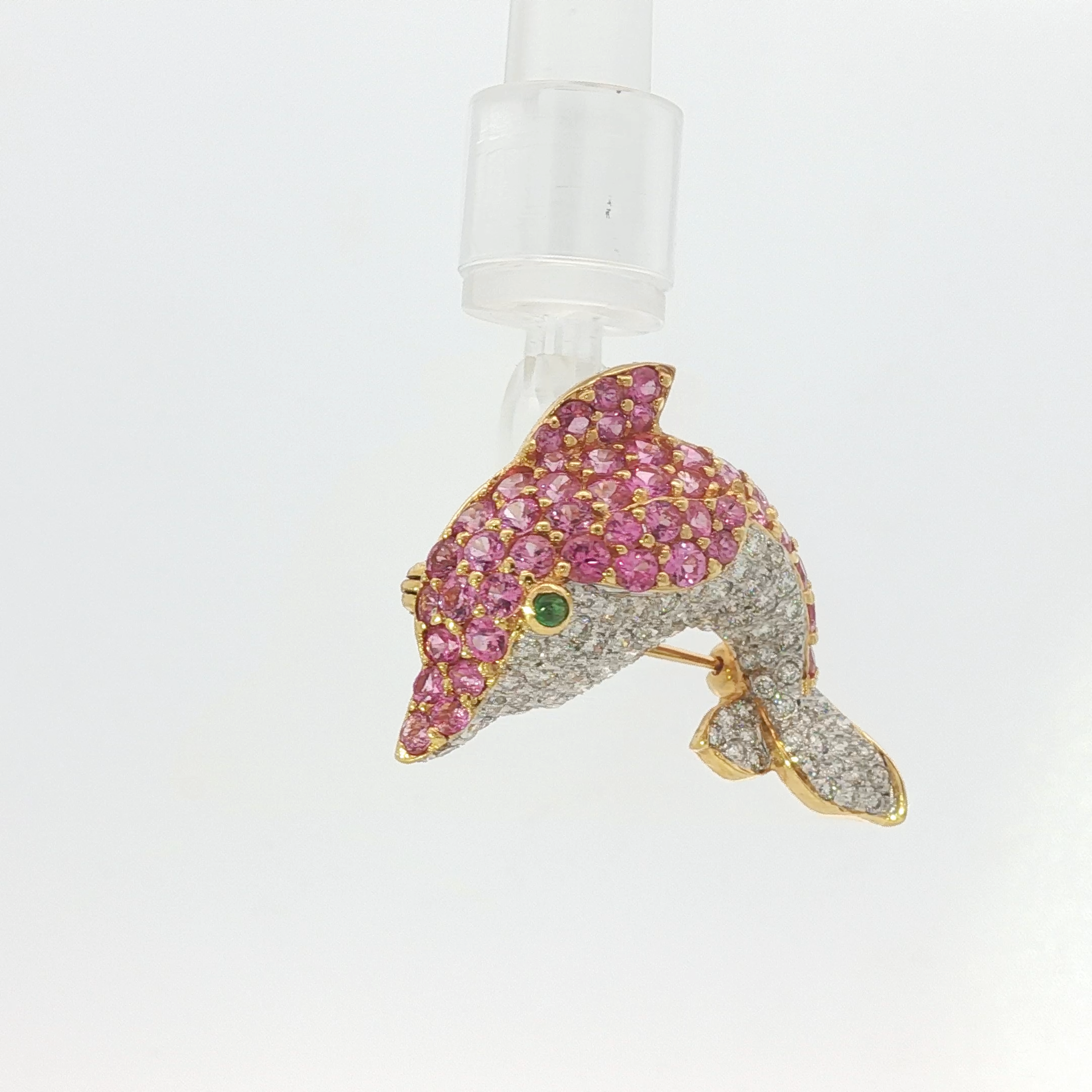 Dolphin Brooch with Round Cabochon Emerald