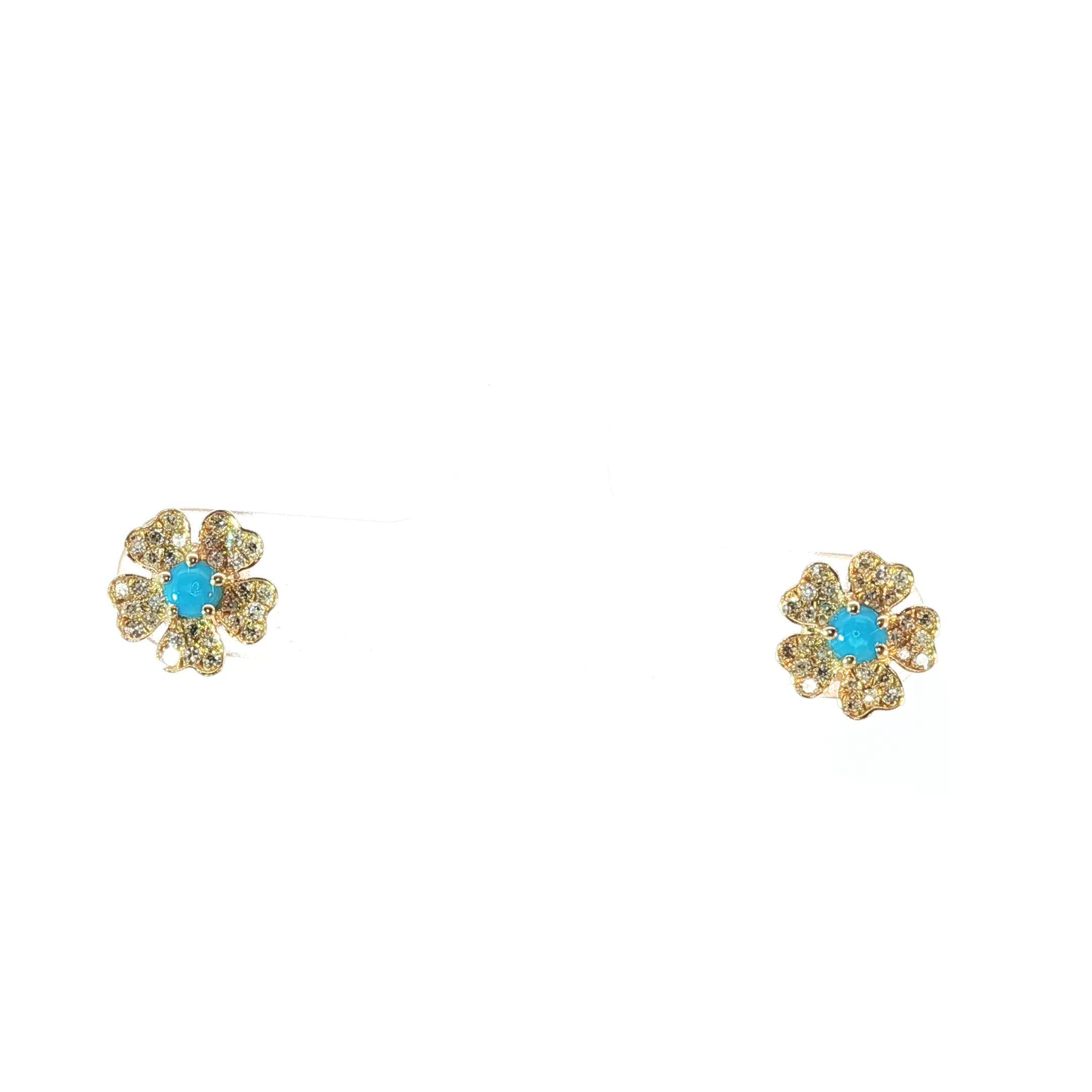 Yellow Gold Stud Earrings with Round Turquoise Cabochons