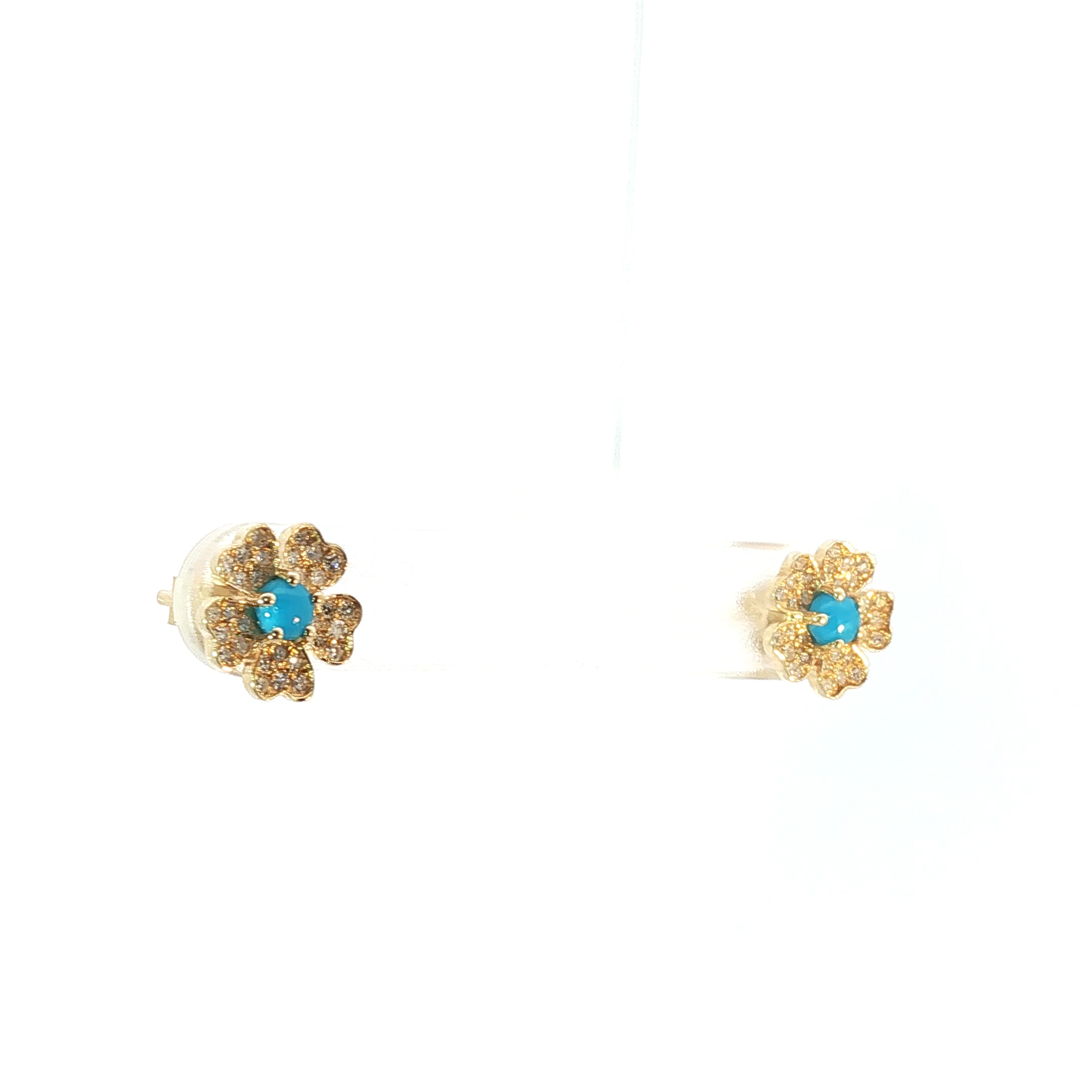 Yellow Gold Stud Earrings with Round Turquoise Cabochons