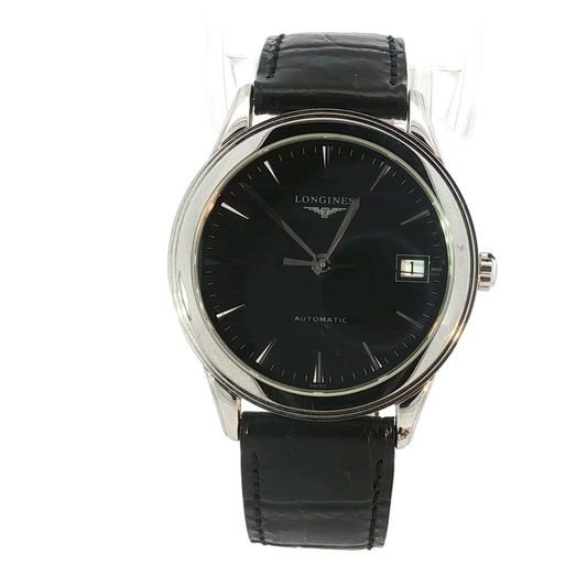 Automatic Longines Wristwatch with Black Dial Open Case Back