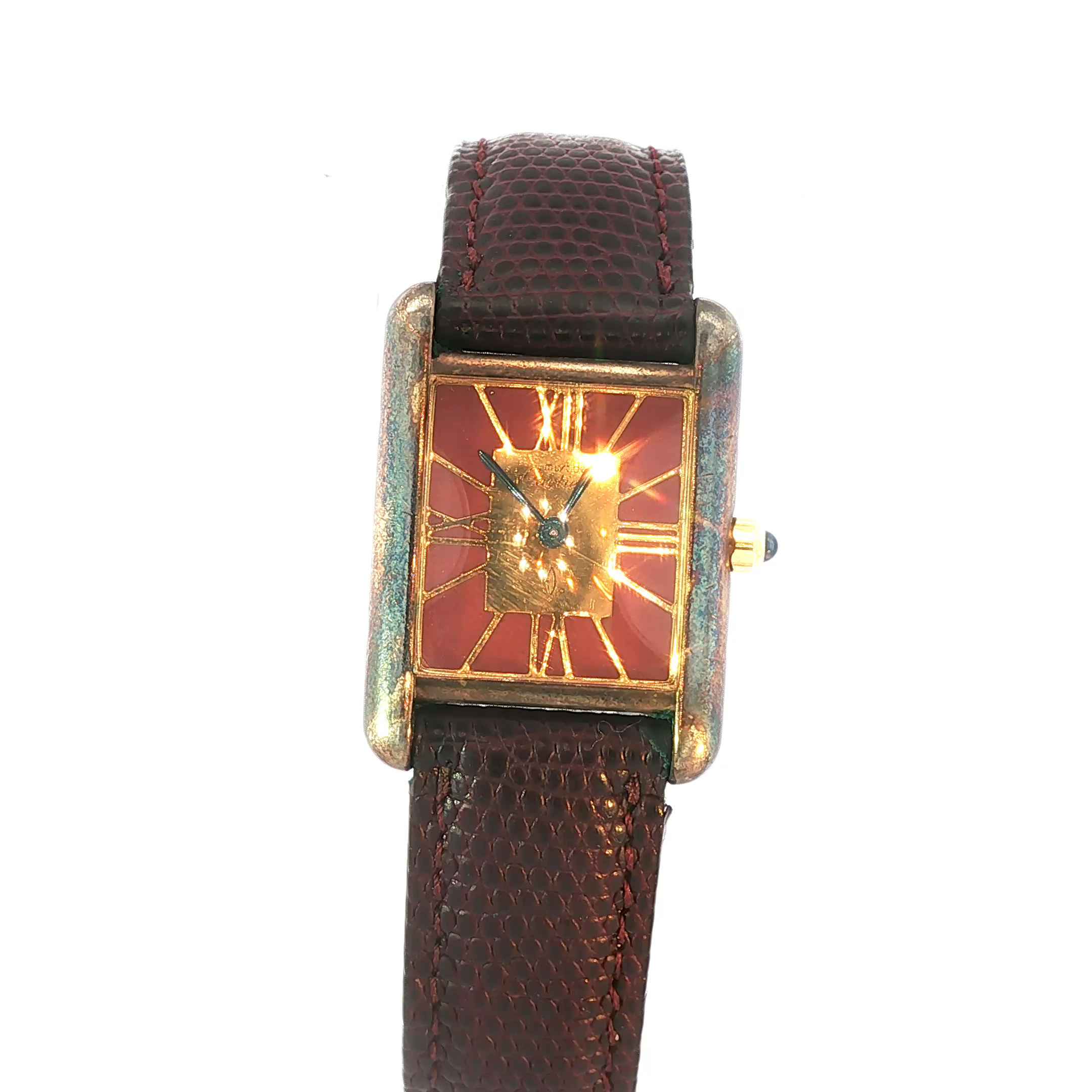 Classic Cartier Yellow Gold Tone Wristwatch with Brown Leather Band