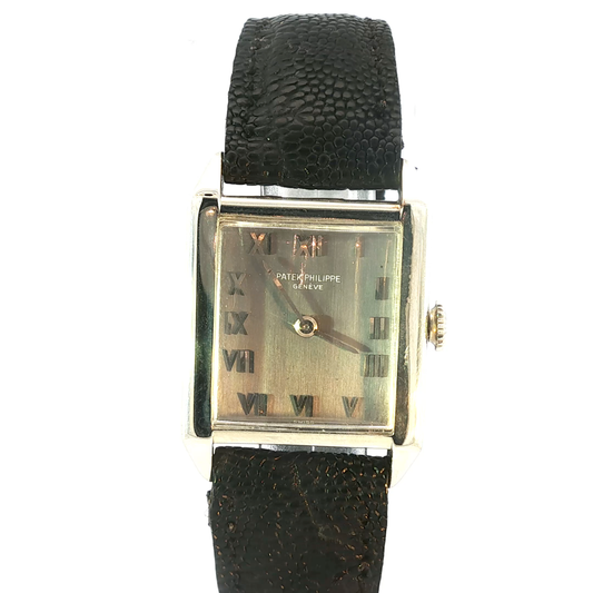 18K Patek Philippe Genève Watch with Roman Numerals and Textured Black Strap