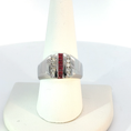 Load image into Gallery viewer, Square Step Cut Deep Red Ruby and Brilliant Diamond White Gold Signet Ring
