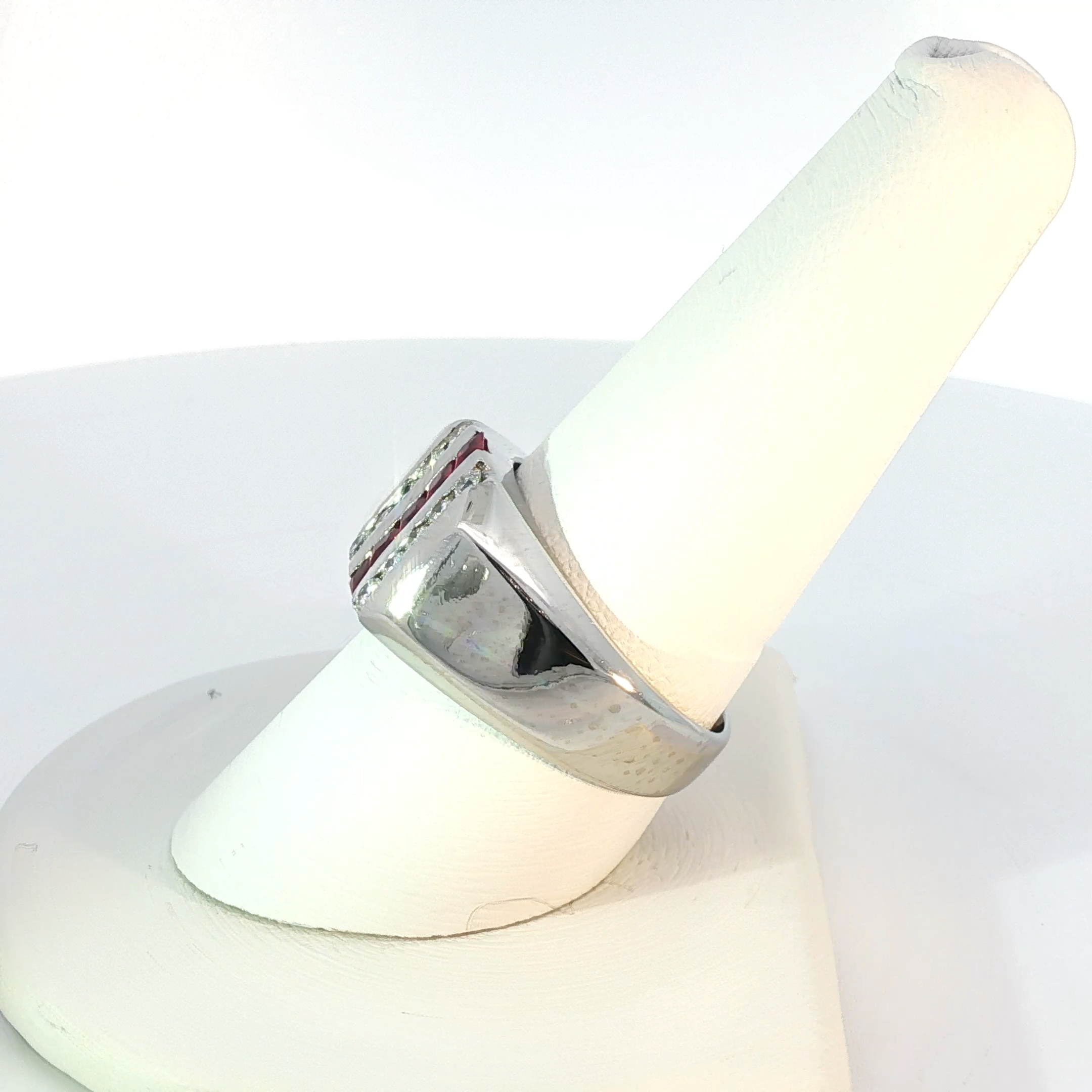 Square Step Cut Deep Red Ruby and Brilliant Diamond White Gold Signet Ring