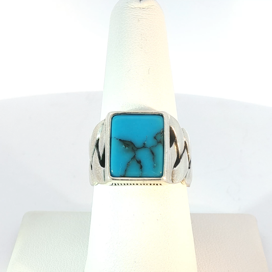Artisanal Octagonal Turquoise Cabochon Silver Signet Ring