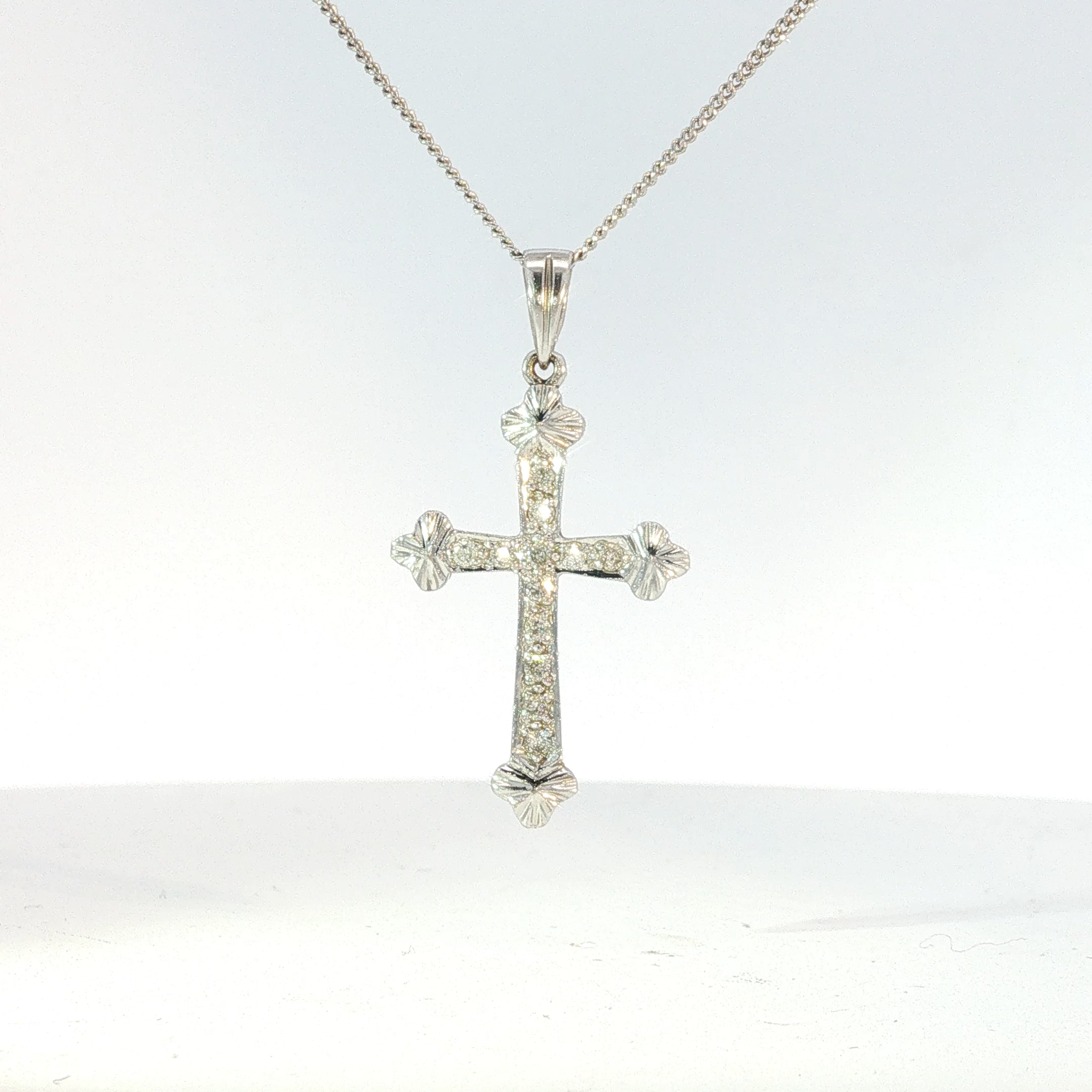 Diamond Cross Pendant in White Gold with Fluted Accents