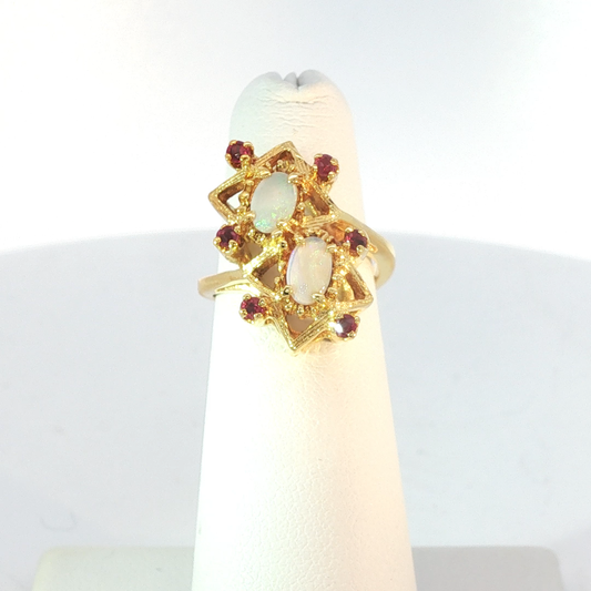 Yellow Gold Geometric Cocktail Ring with Dual Opals