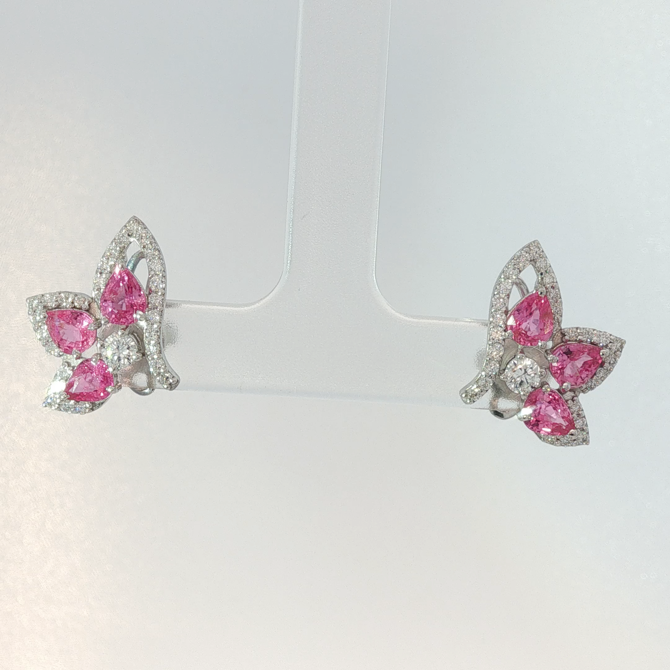 Vivid Pink Sapphire Cluster Earrings in White Gold