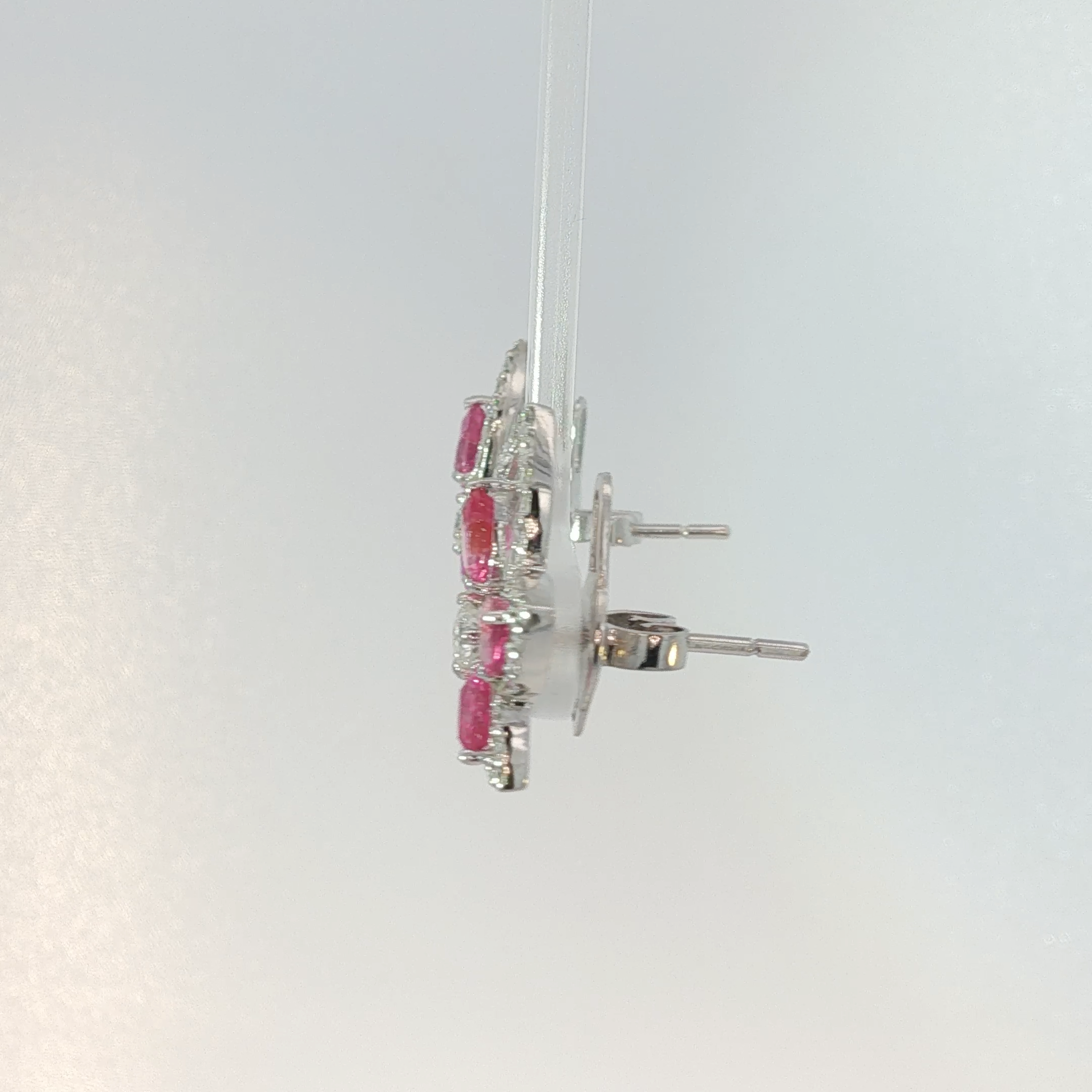 Vivid Pink Sapphire Cluster Earrings in White Gold