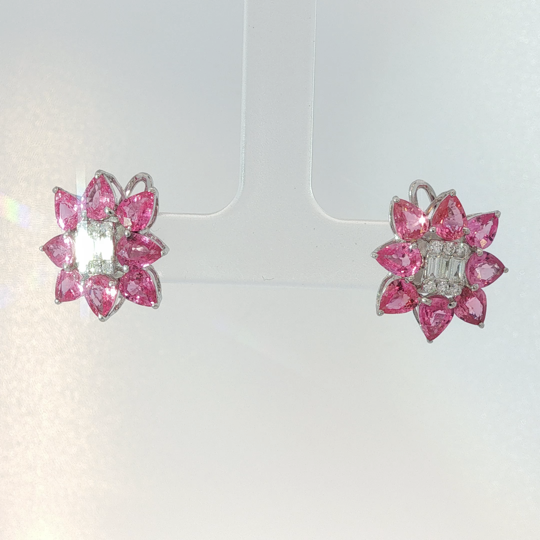 Vivid Pink Sapphire Floral Cluster Earrings in White Gold