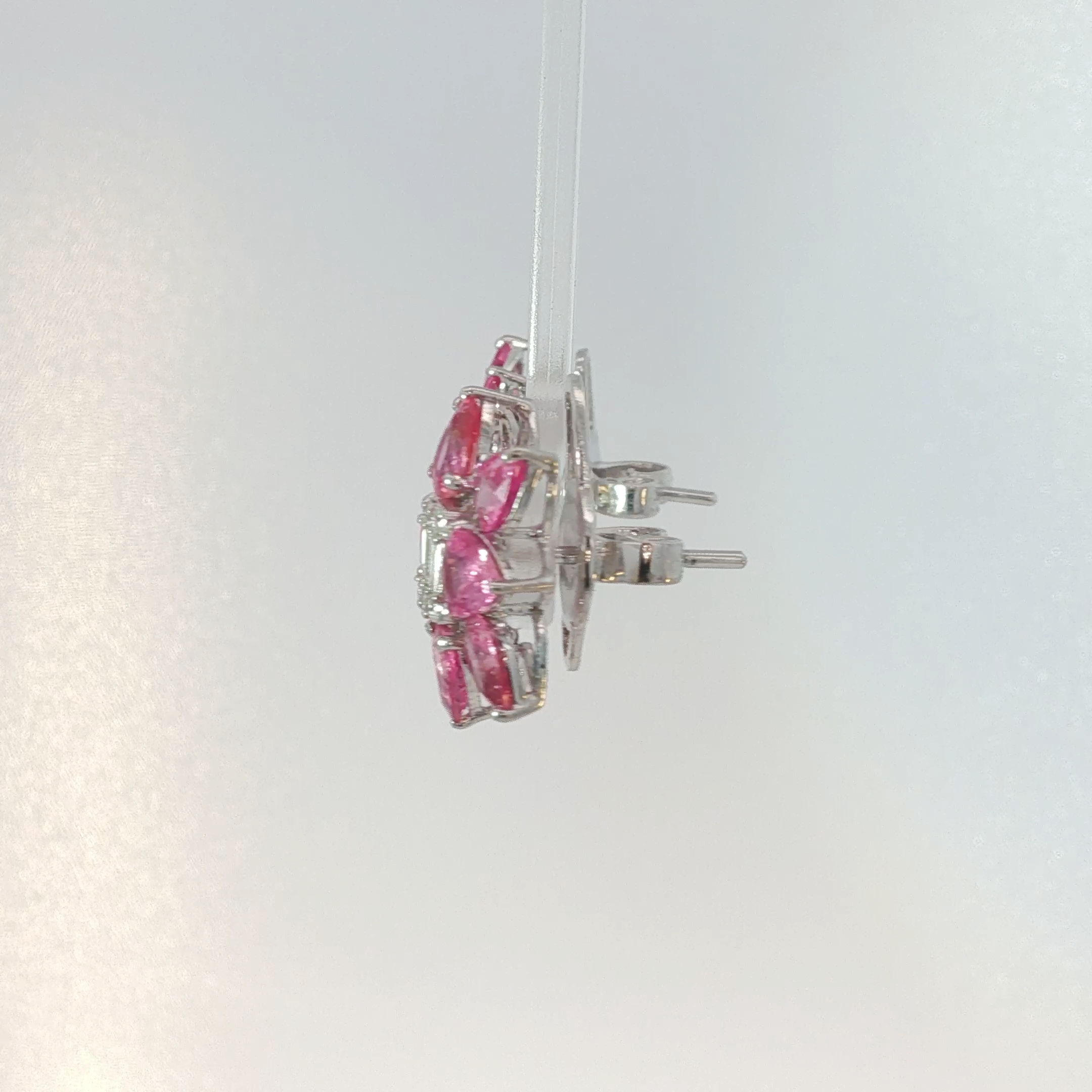Vivid Pink Sapphire Floral Cluster Earrings in White Gold