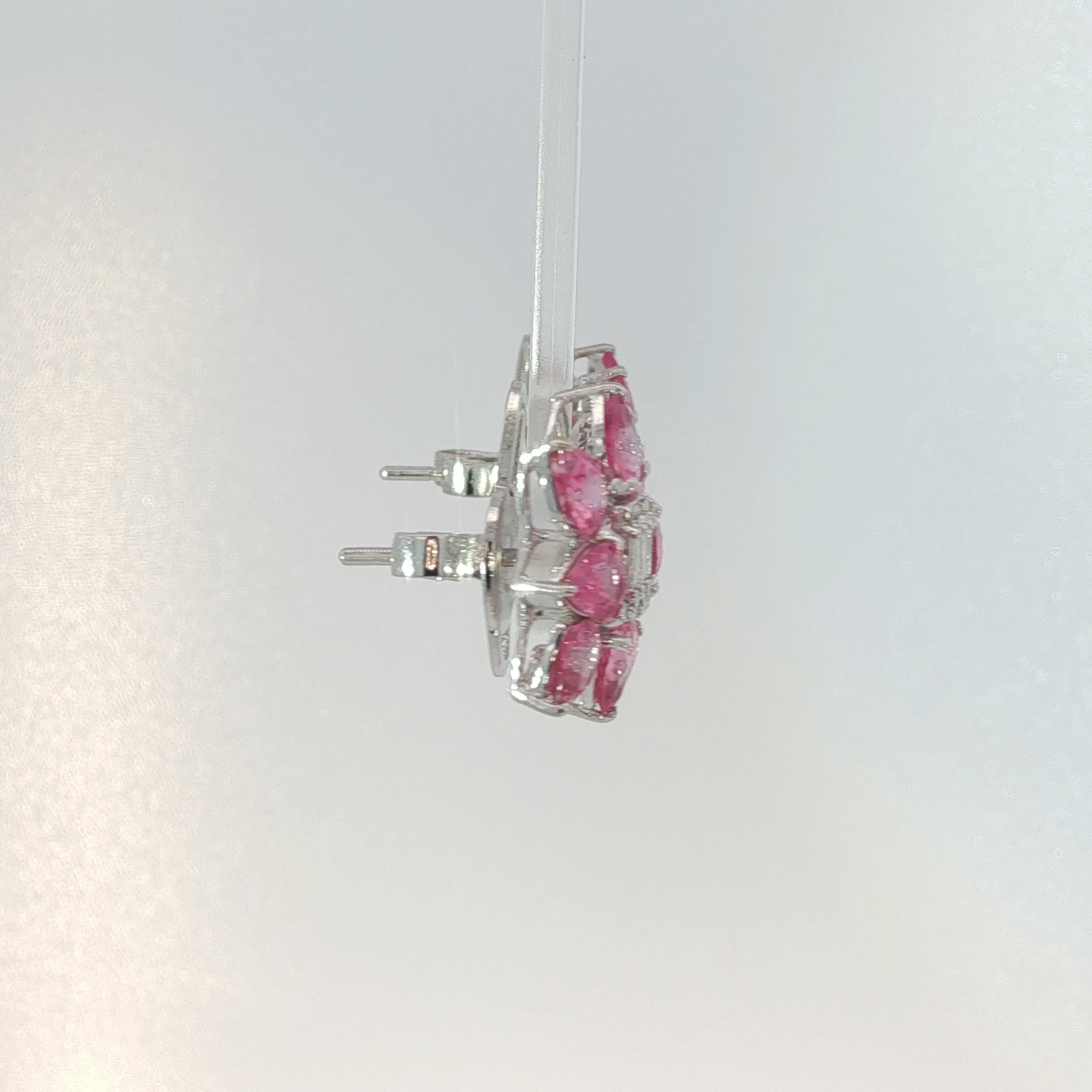 Vivid Pink Sapphire Floral Cluster Earrings in White Gold