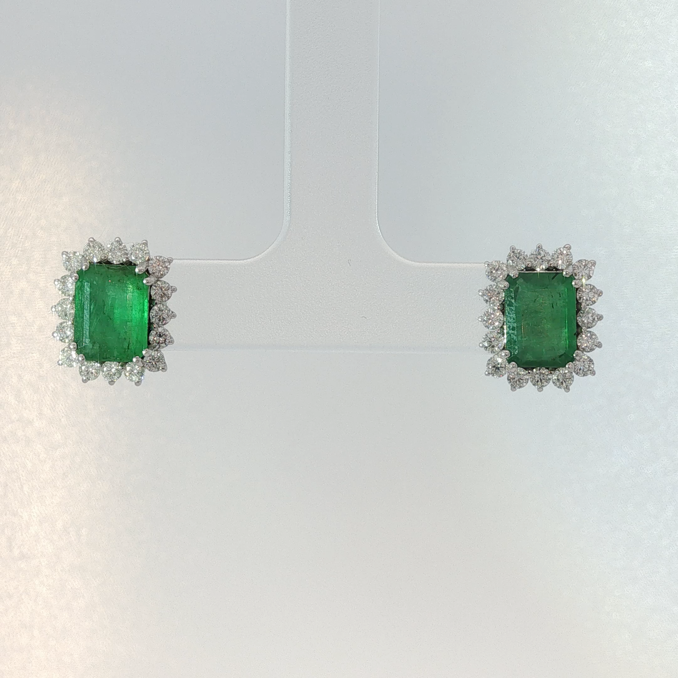 Emerald Cut Emerald Halo Stud Earrings in White Gold