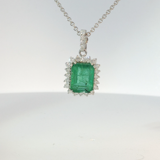 Emerald-Cut Emerald Halo Pendant