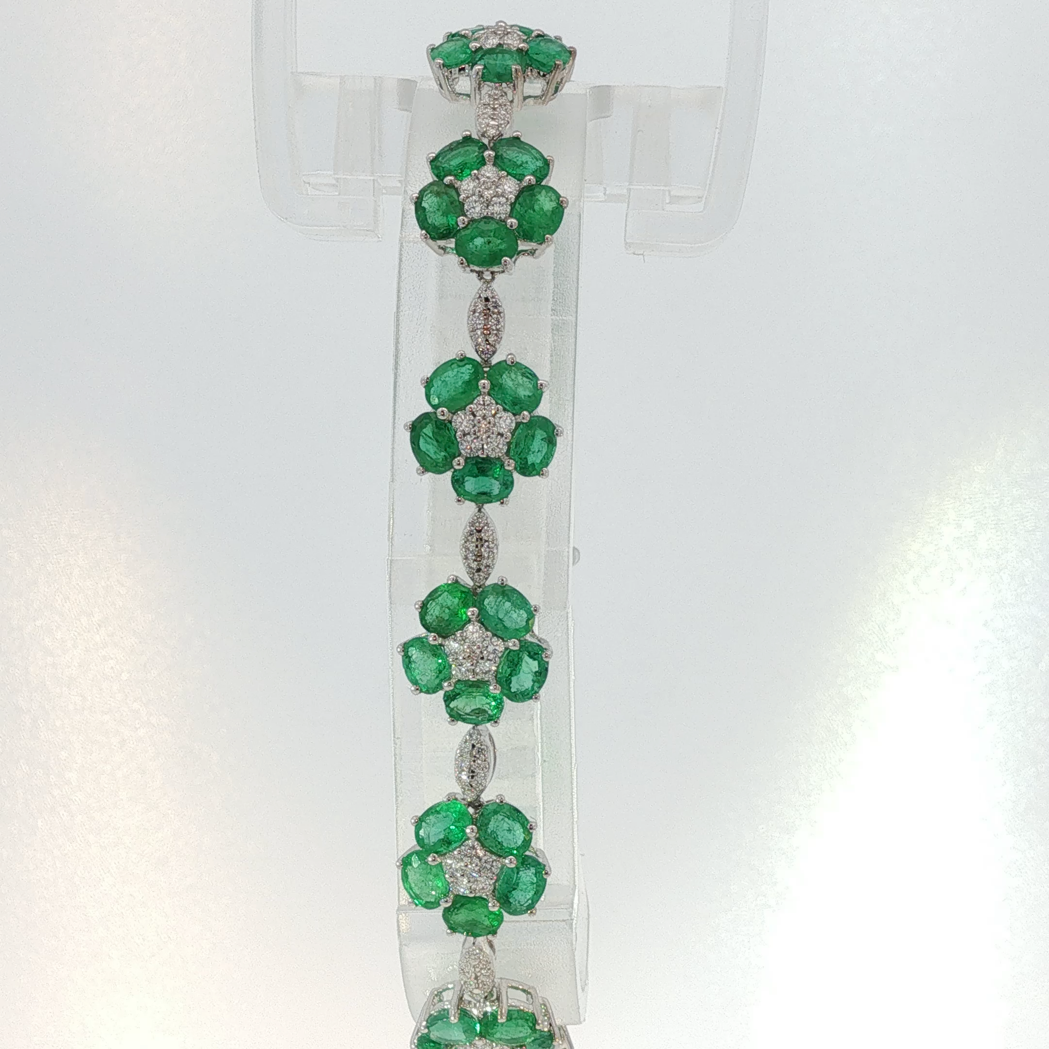 White Gold Floral Emerald Cluster Chain Bracelet