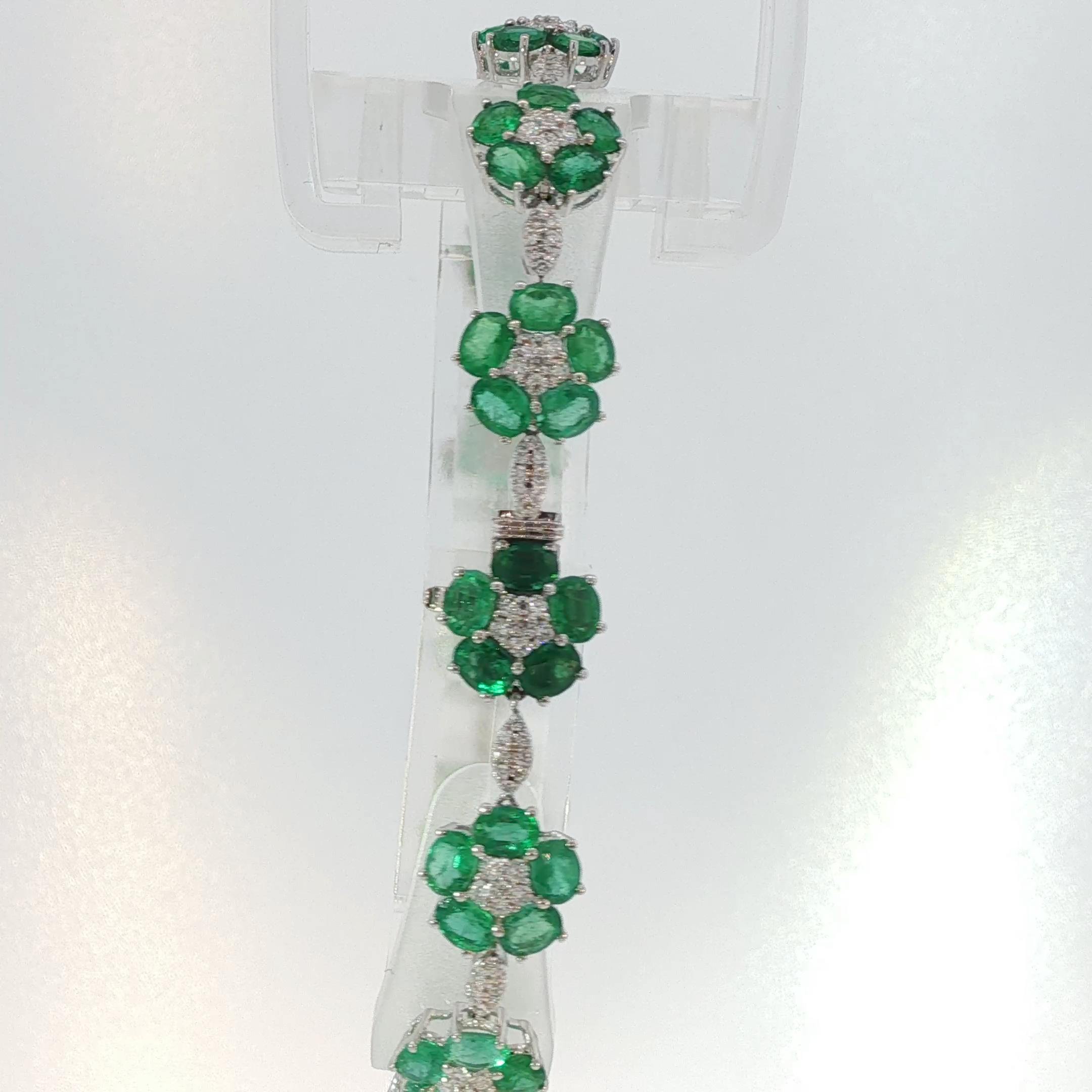 White Gold Floral Emerald Cluster Chain Bracelet