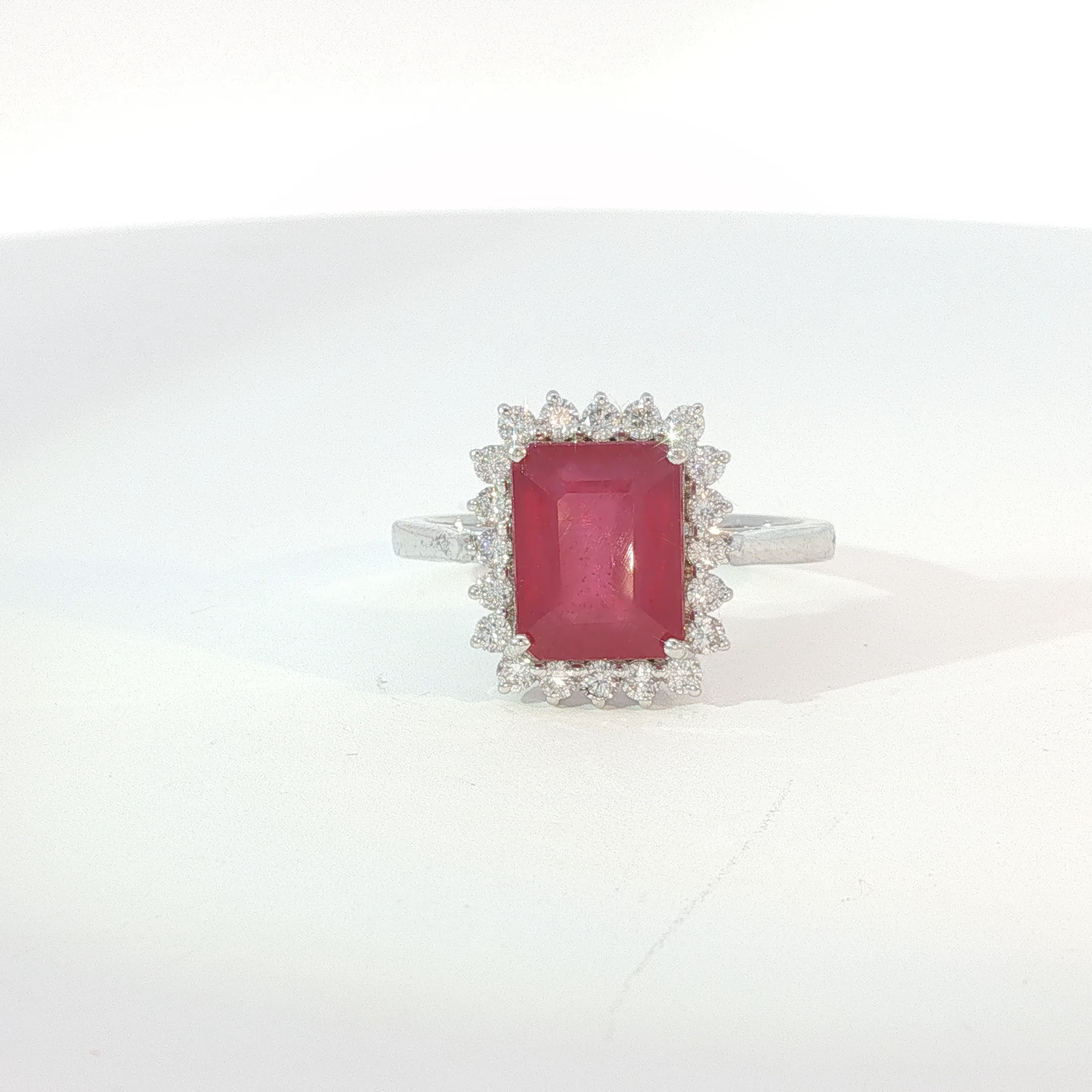 White Gold Red Ruby Cocktail Ring with Diamond Halo
