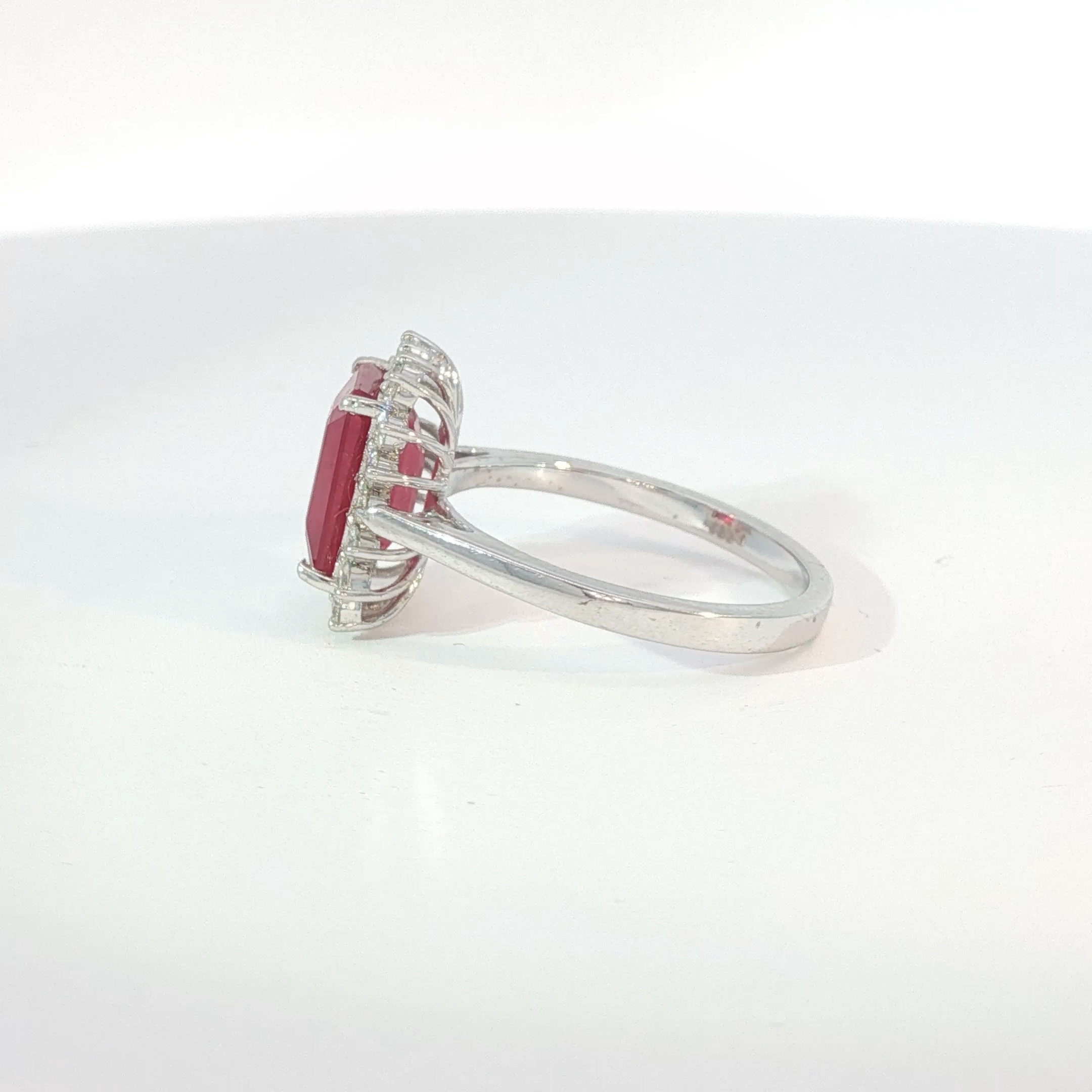 White Gold Red Ruby Cocktail Ring with Diamond Halo
