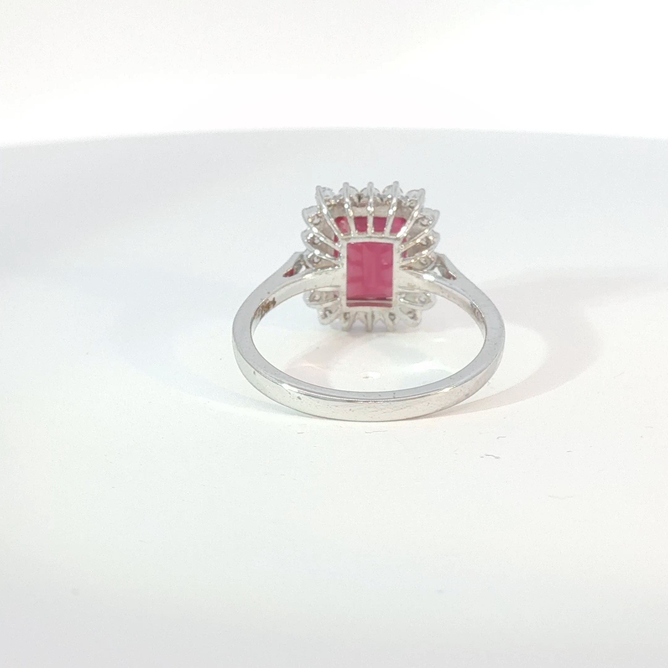 White Gold Red Ruby Cocktail Ring with Diamond Halo
