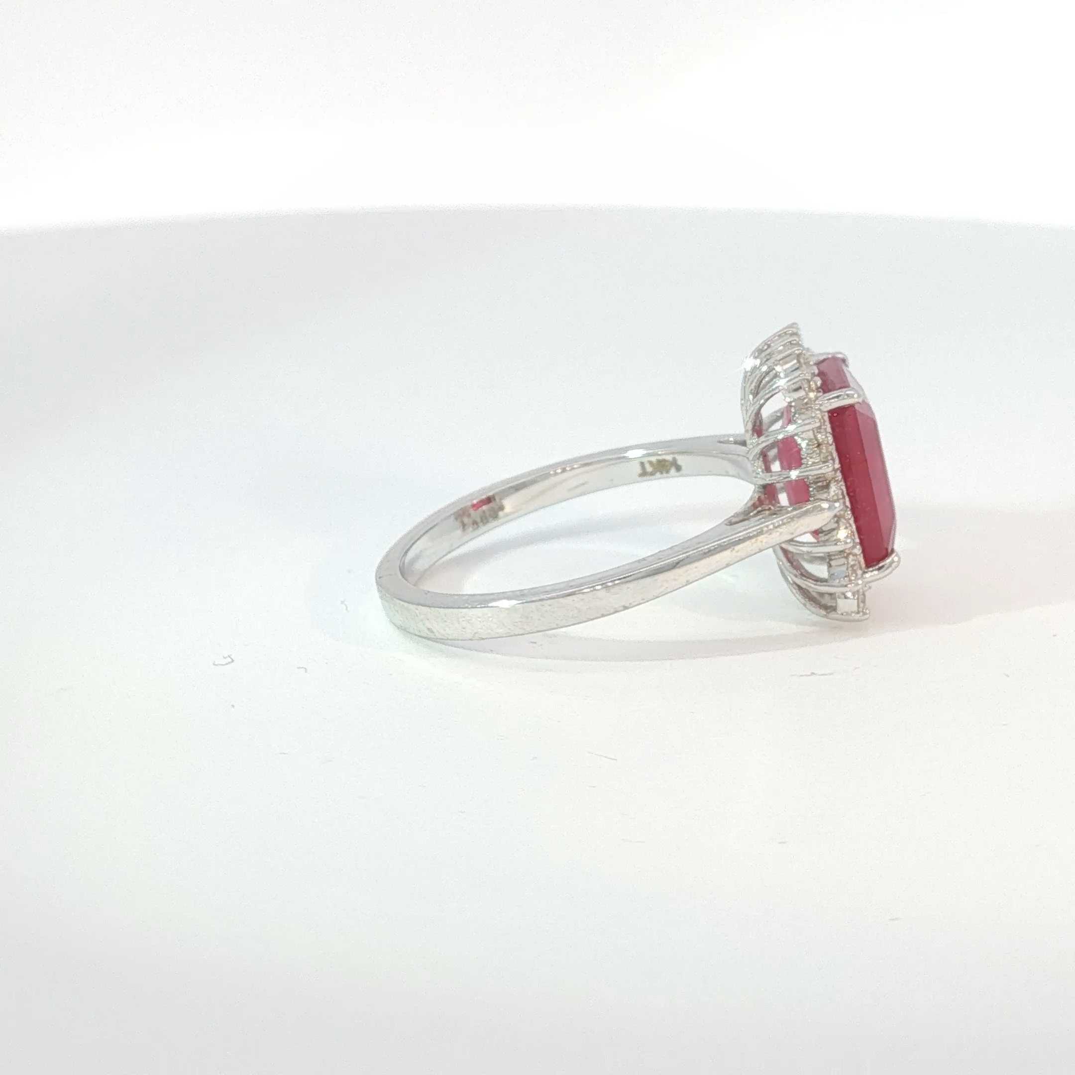 White Gold Red Ruby Cocktail Ring with Diamond Halo