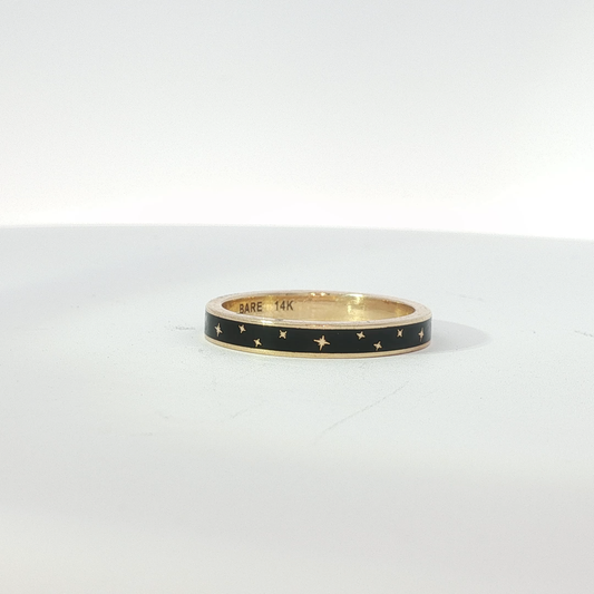 Yellow Gold Black Enamel Celestial Star Motif Band Ring