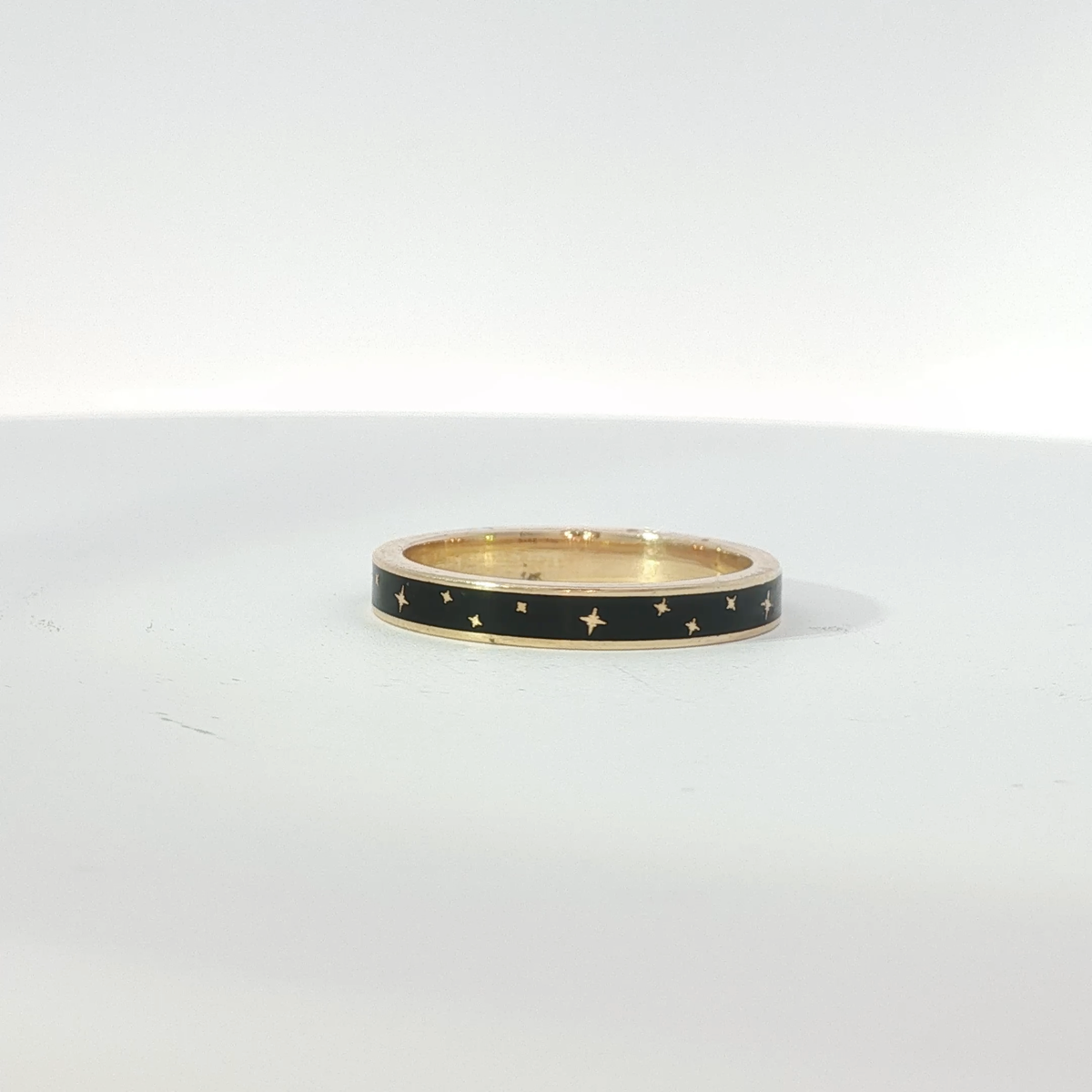 Yellow Gold Black Enamel Celestial Star Motif Band Ring