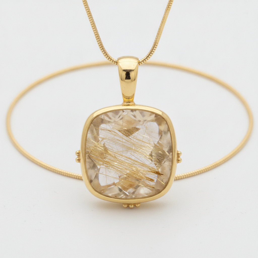 Custom 14K Gold Golden Rutilated Quartz Pendant