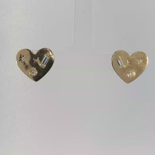 Yellow Gold Heart Stud Earrings with Round Brilliant Diamond