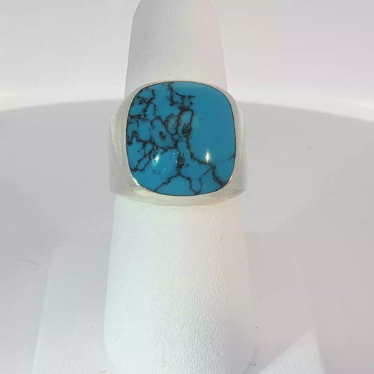 Silver Signet Ring with Bluish Green Turquoise Cabochon